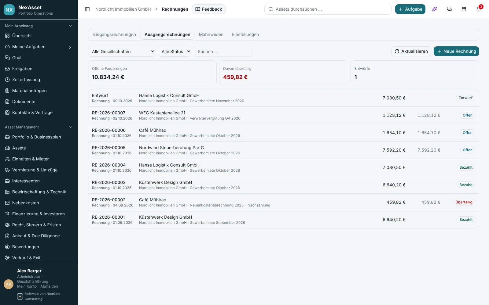 Ausgangsrechnungen in NexAsset mit Status bezahlt, offen und überfällig