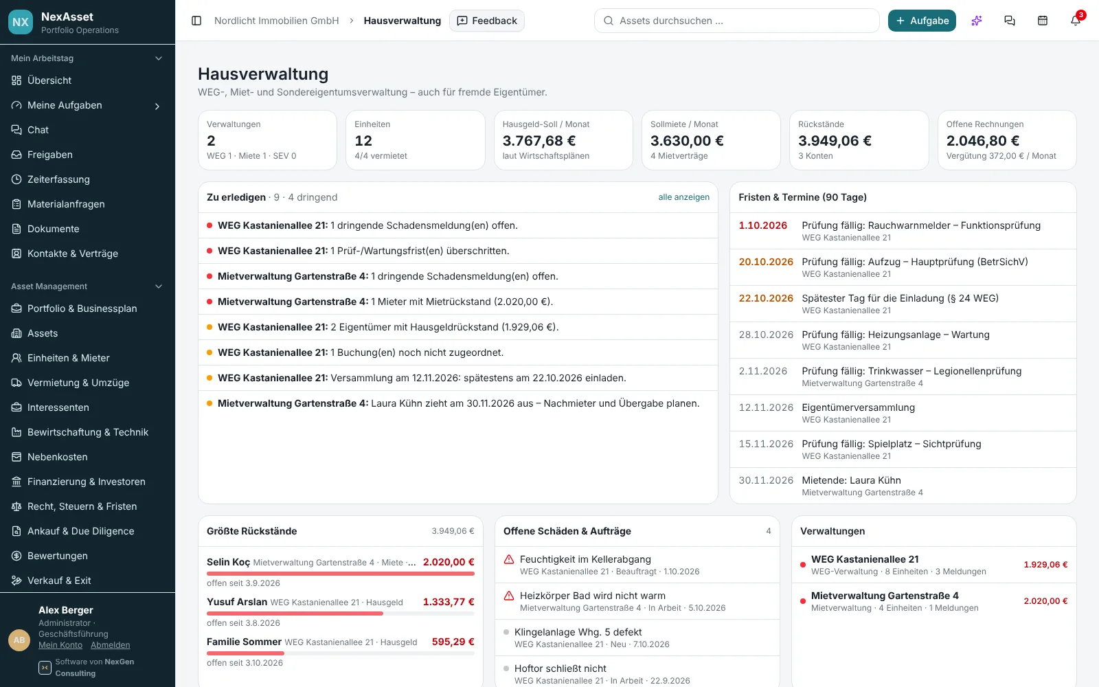 Hausverwaltung in NexAsset: Hausgeld-Soll, Sollmiete, Rückstände, Fristen und offene Schäden aller Verwaltungen