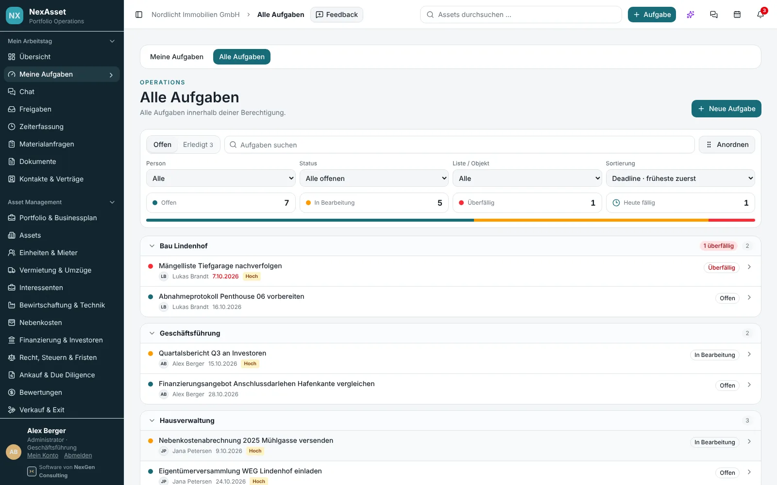 NexAsset tasks grouped by list with status, due dates and priority
