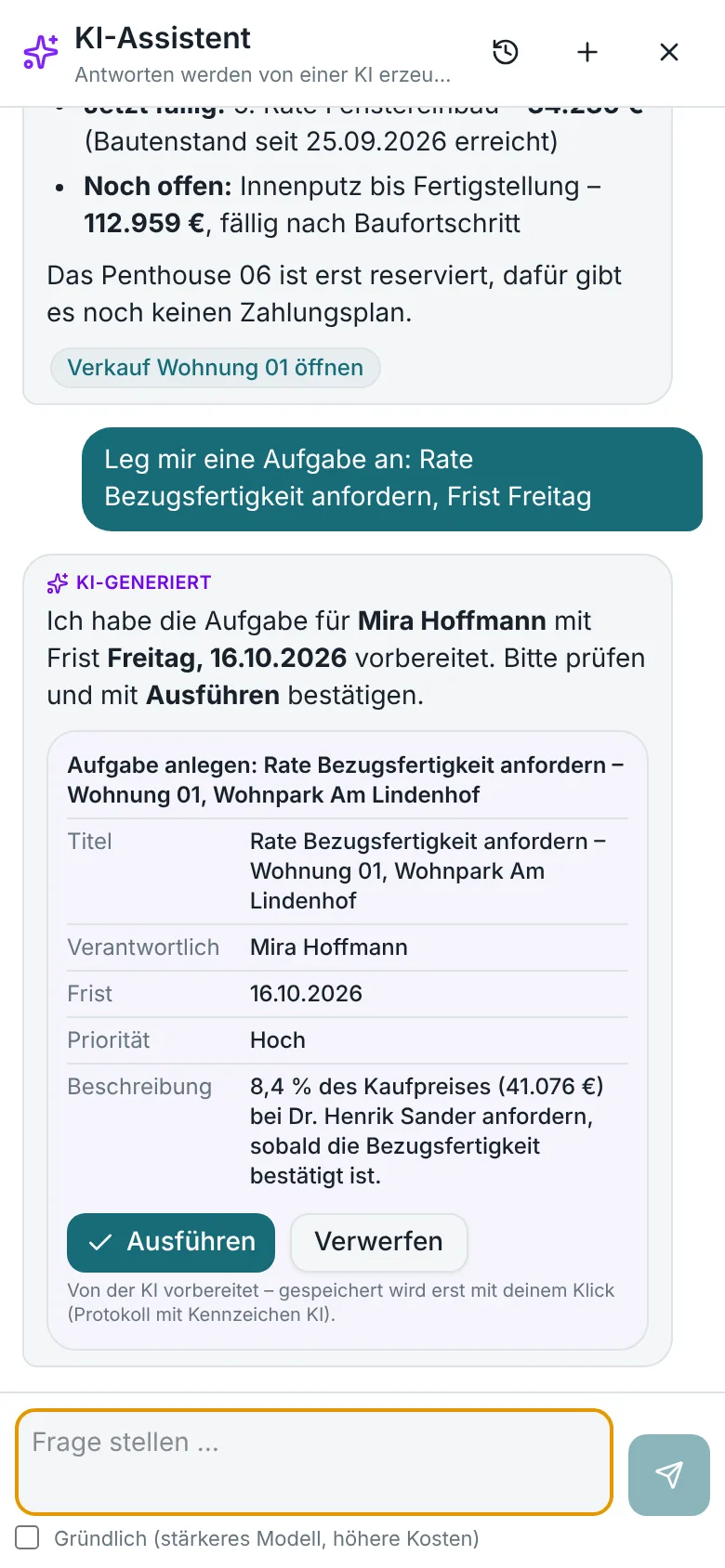 NexAsset AI assistant on a phone answering about open instalments