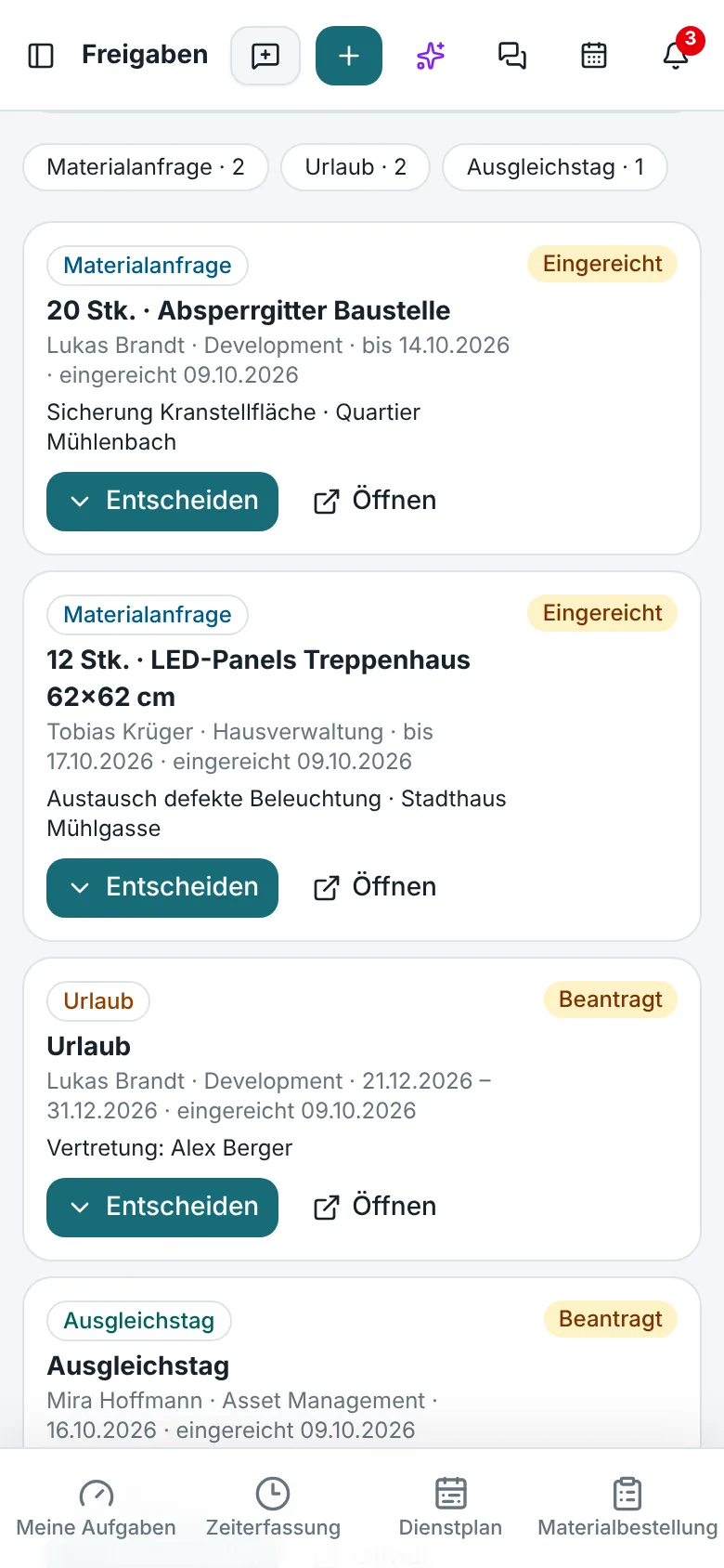 NexAsset app: approvals for material requests and leave