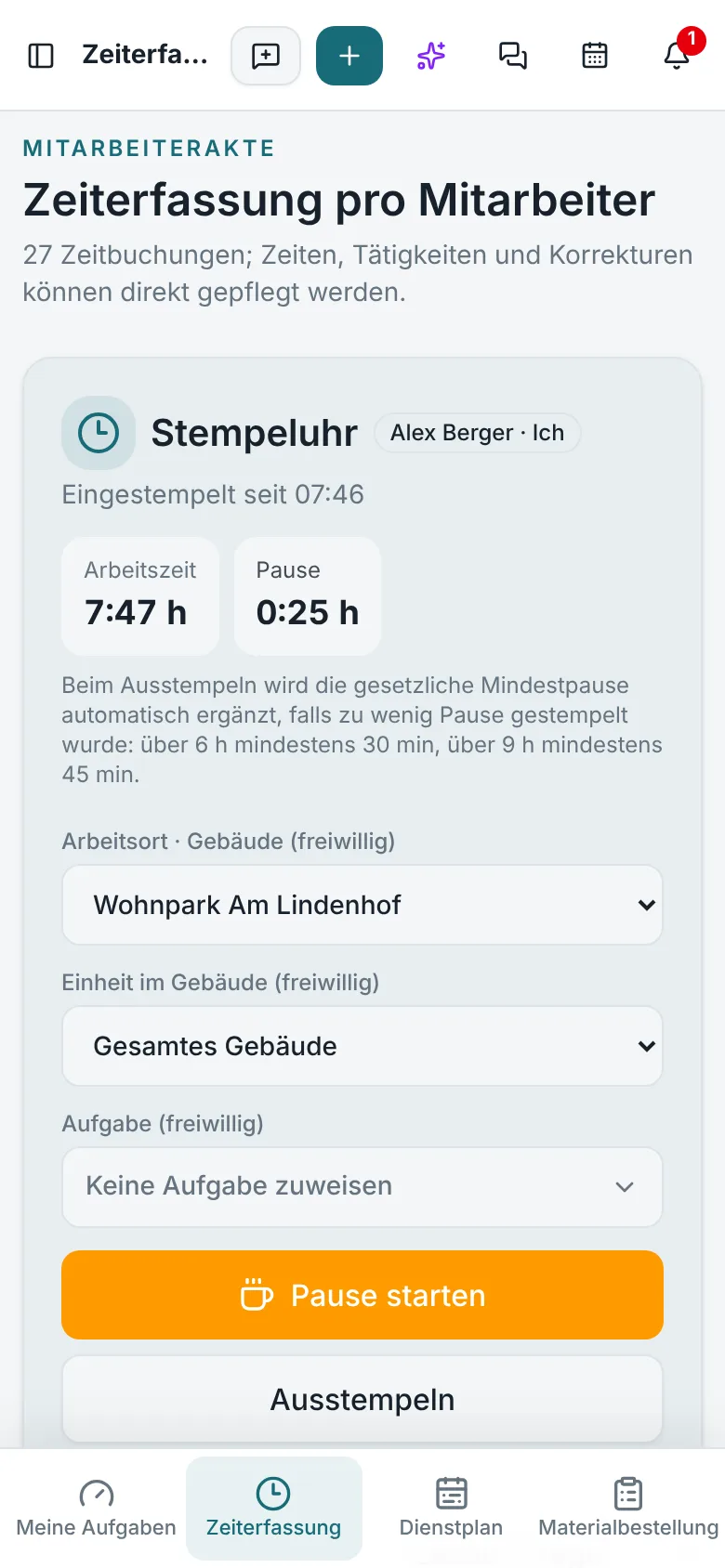 NexAsset app on a phone: time clock with running working time